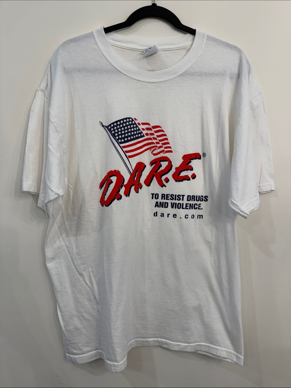 Anvil White D.A.R.E. Graphic Tee with Red and Blue Flag